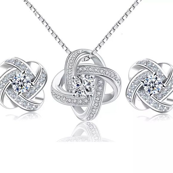 💎0122💎 STERLING SILVER FOREVER LOVE DIAMOND FLOWER KNOT NECKLACE & EARRING SET - Picture 5 of 8